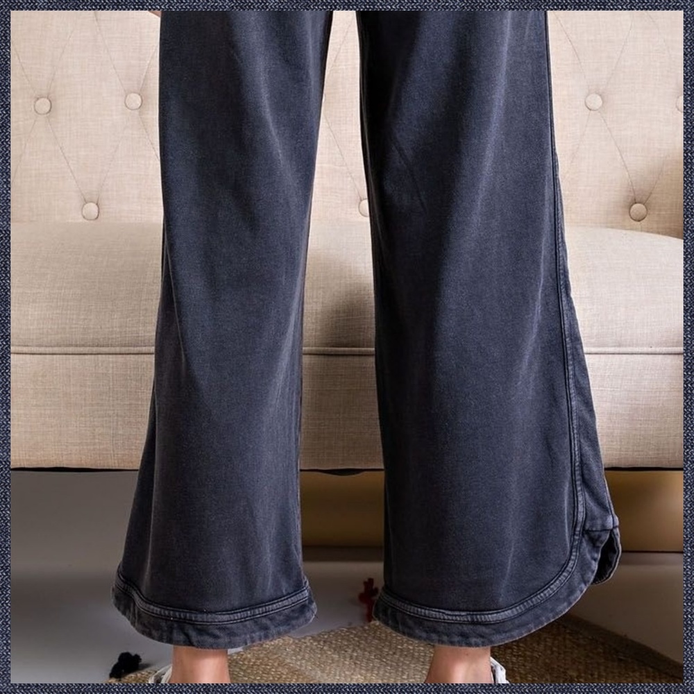 EASEL "So Comfy" Mineral Washed Pants Cotton Terry Side Leg Detail Elastic Waist - Picture 10 of 16